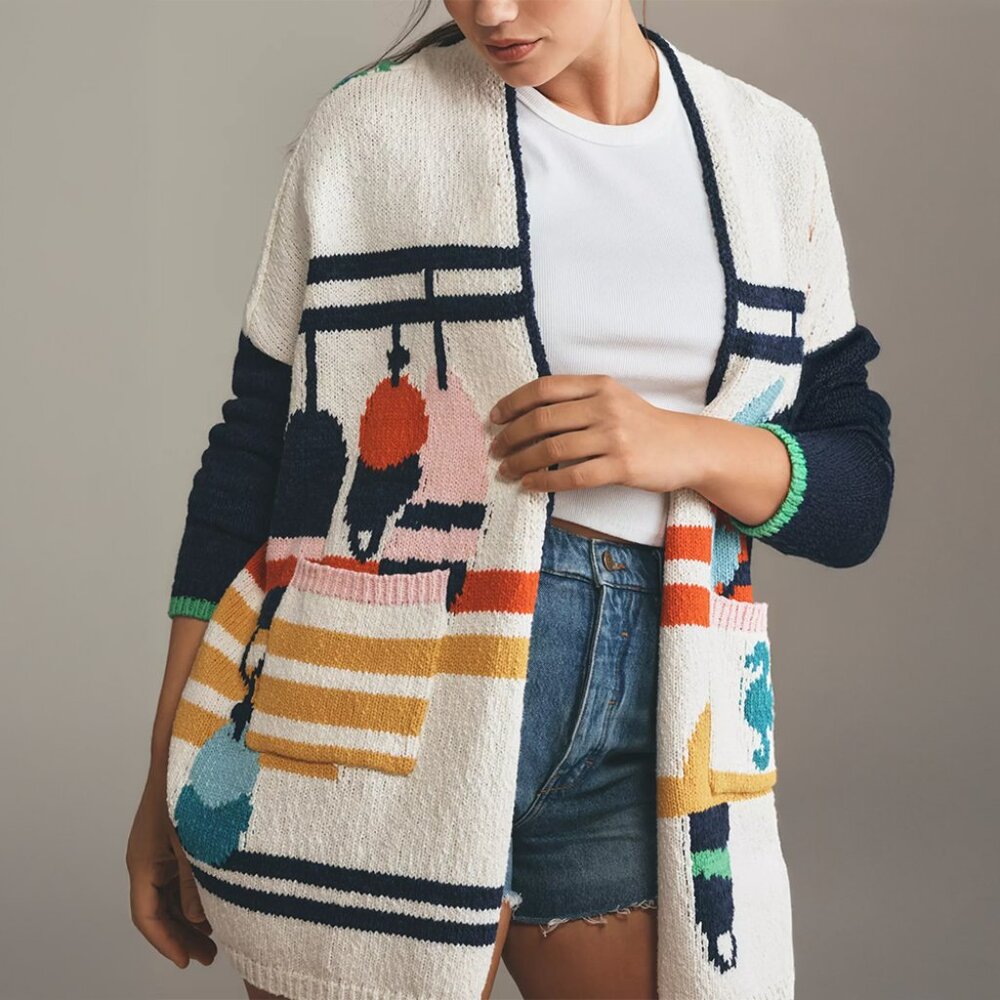 ANTHROPOLOGIE MAEVE Nautical Buoy Cardigan Sweater - SIZE 1X - Picture 2 of 9